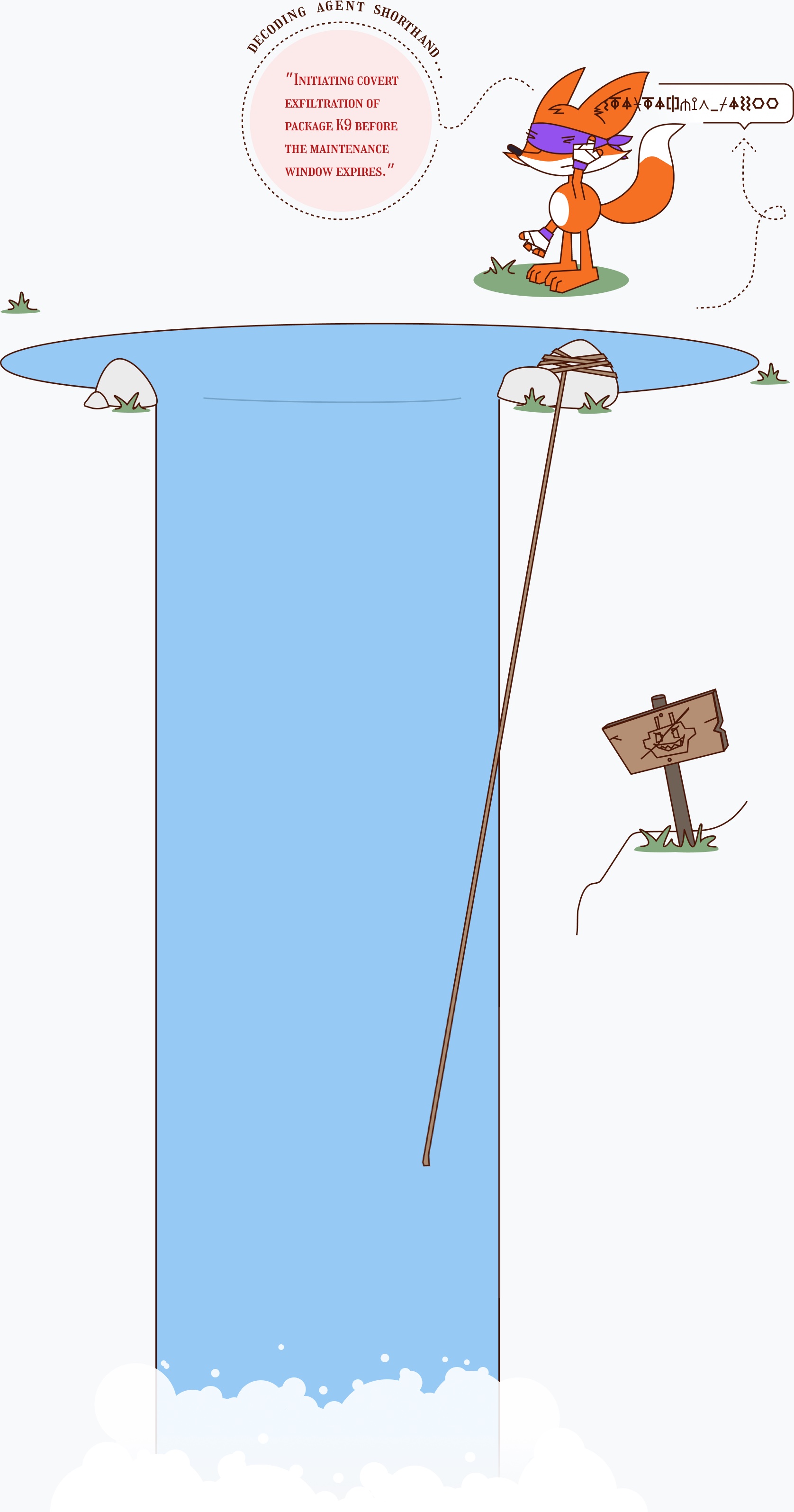 A fox ninja abseils down a waterfall, slicing red rogue agents while green agents float safely in the pool above.